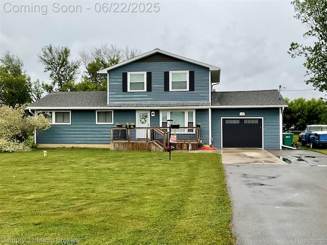 7094 Reid Rd, Swartz Creek, MI 48473 - traditional-style house with an attached garage, driveway, a porch, a front yard, and roof with shingles