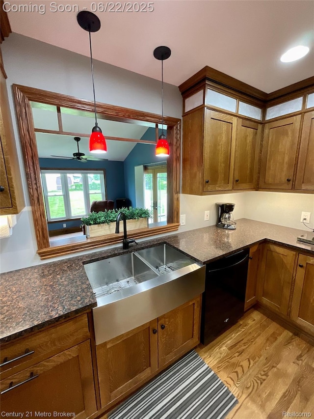 7094 Reid Rd, Swartz Creek, MI 48473 - kitchen featuring black dishwasher, brown cabinetry, light wood-style floors, vaulted ceiling, and pendant lighting