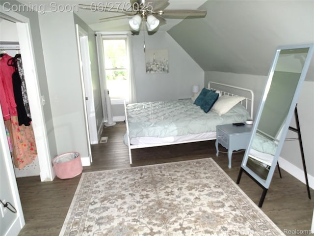 11306 W St, Grand Blanc, MI 48439 - bedroom featuring wood finished floors, vaulted ceiling, a closet, and a ceiling fan