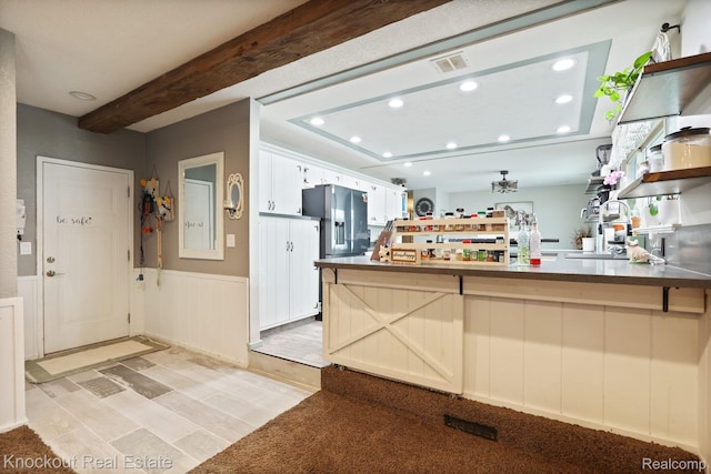 605 Shawnesee, Flushing, MI 48433 - kitchen featuring a peninsula, recessed lighting, white cabinets, wainscoting, and open shelves