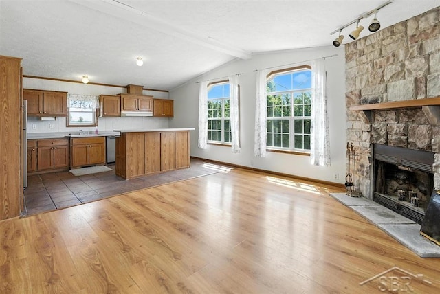 3227 S 11 Mile Rd, Auburn, MI 48611 - kitchen featuring brown cabinets, stainless steel dishwasher, light wood finished floors, a stone fireplace, and under cabinet range hood