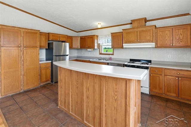 3227 S 11 Mile Rd, Auburn, MI 48611 - kitchen featuring stainless steel appliances, under cabinet range hood, ornamental molding, lofted ceiling, and brown cabinetry