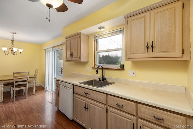 9286 Dudley St, Taylor, MI 48180 - kitchen with white dishwasher, light brown cabinetry, dark wood-style flooring, light countertops, and a ceiling fan