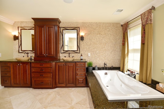 5100 Kings Gate Way, Bloomfield Hills, MI 48302 - bathroom featuring double vanity, a jetted tub, and crown molding