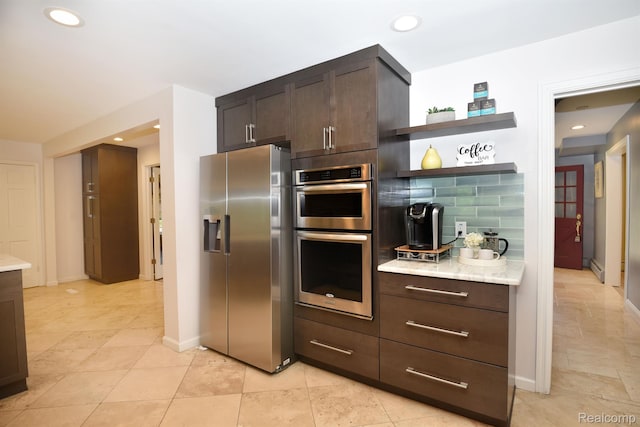 5100 Kings Gate Way, Bloomfield Hills, MI 48302 - kitchen with appliances with stainless steel finishes, dark brown cabinets, recessed lighting, open shelves, and decorative backsplash