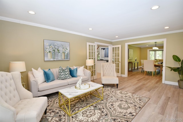5100 Kings Gate Way, Bloomfield Hills, MI 48302 - living area featuring light wood-type flooring, recessed lighting, crown molding, and french doors