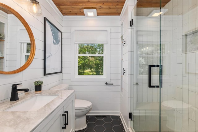 4662 60th St SW, Wyoming, MI 49418 - bathroom with wooden ceiling, vanity, tile patterned floors, and a shower stall