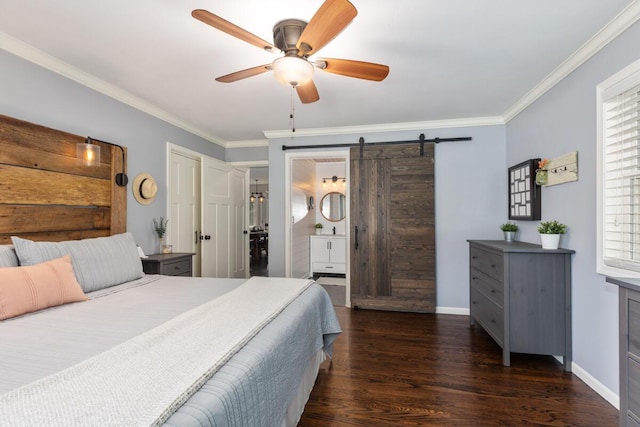 4662 60th St SW, Wyoming, MI 49418 - bedroom featuring dark wood-type flooring, crown molding, a barn door, ensuite bathroom, and ceiling fan