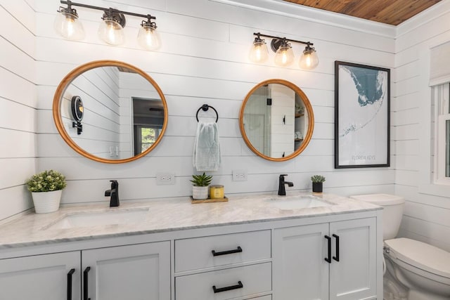 4662 60th St SW, Wyoming, MI 49418 - full bathroom featuring double vanity, wood walls, and wooden ceiling
