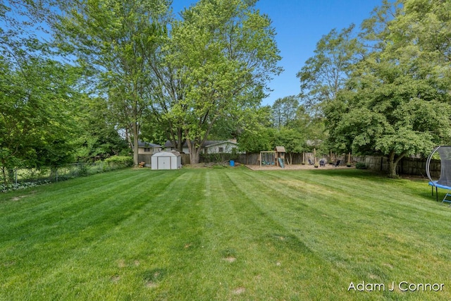 3655 Giddings Ave SE, Grand Rapids, MI 49508 - fenced backyard with a trampoline, a storage unit, a playground, and view of scattered trees