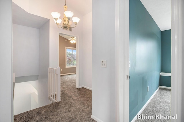 2492 Sunny Creek St SE, Kentwood, MI 49508 - hallway featuring carpet floors, an upstairs landing, a chandelier, and lofted ceiling