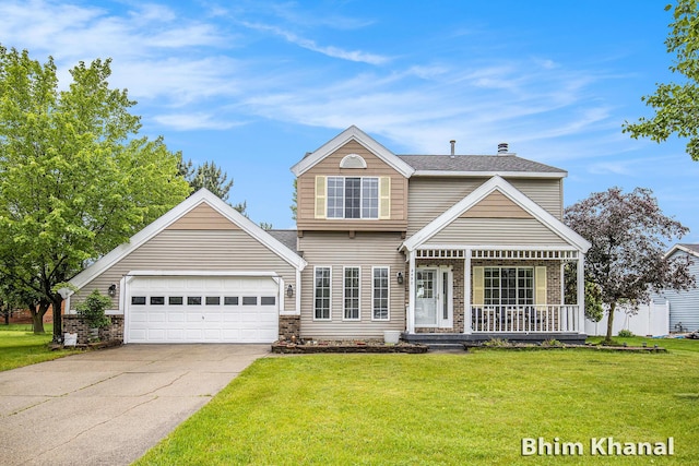2492 Sunny Creek St SE, Kentwood, MI 49508 - traditional-style house featuring a porch, an attached garage, a front lawn, concrete driveway, and brick siding