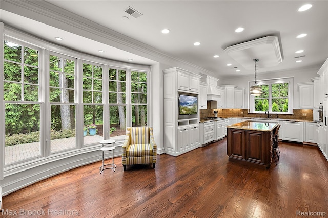 222 Arlington St, Birmingham, MI 48009 - kitchen with stainless steel gas stovetop, ornamental molding, backsplash, white cabinets, and dark wood-style floors