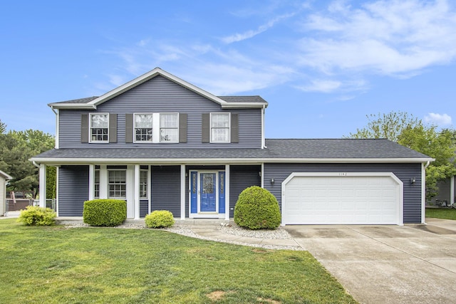 1142 N Peach Ct, Plainwell, MI 49080 - traditional home featuring a garage, concrete driveway, a front lawn, a shingled roof, and a porch