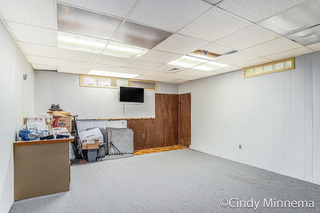 3343 Gateshead St NE, Rockford, MI 49341 - below grade area featuring carpet flooring, wood walls, and a drop ceiling