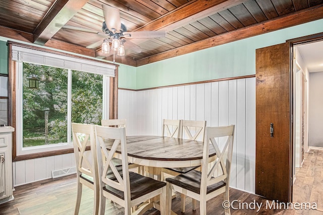 3343 Gateshead St NE, Rockford, MI 49341 - dining room with a wood ceiling with exposed beams, ceiling fan, and hardwood / wood-style floors