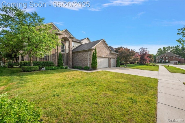 18852 Newbridge Dr, Macomb, MI 48044 - traditional home with brick siding, concrete driveway, a front yard, and an attached garage