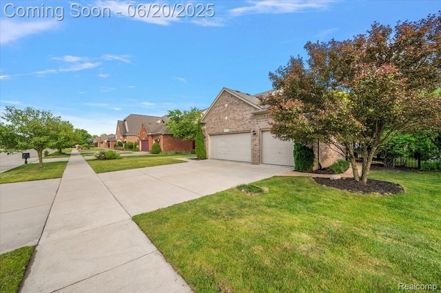 18852 Newbridge Dr, Macomb, MI 48044 - view of front facade with concrete driveway, a front lawn, an attached garage, and brick siding