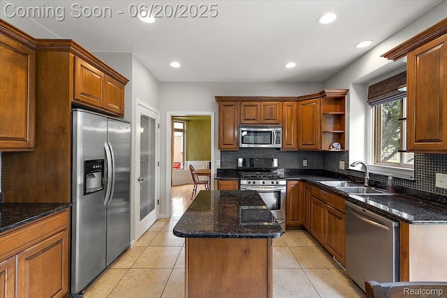 18852 Newbridge Dr, Macomb, MI 48044 - kitchen with stainless steel appliances, open shelves, light tile patterned floors, decorative backsplash, and a center island