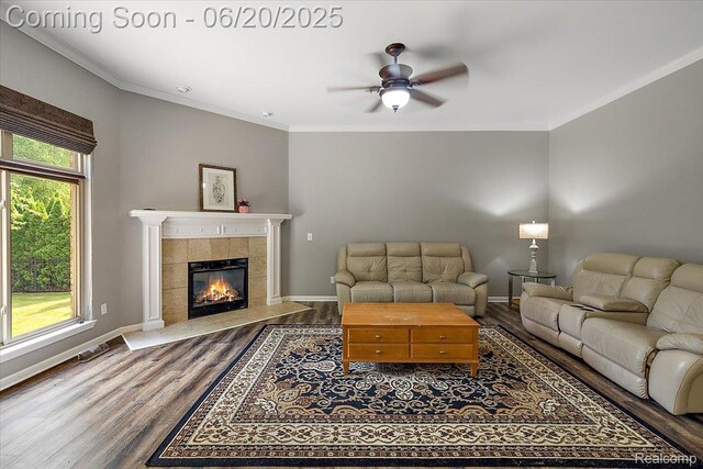 18852 Newbridge Dr, Macomb, MI 48044 - living room with wood finished floors, ceiling fan, crown molding, and a fireplace