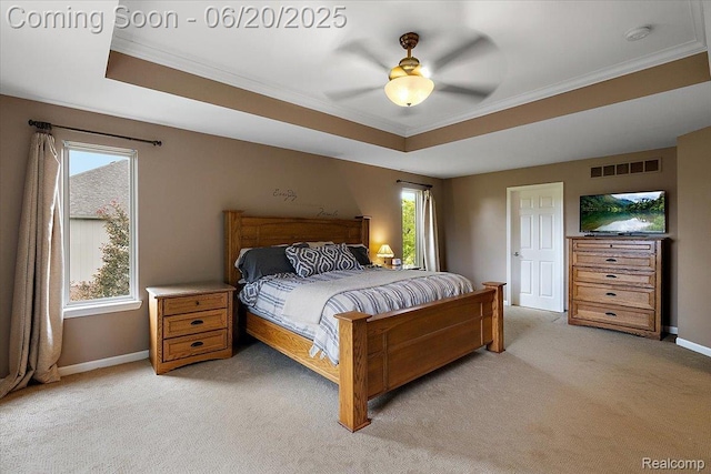 18852 Newbridge Dr, Macomb, MI 48044 - bedroom with a tray ceiling, ornamental molding, light carpet, and ceiling fan
