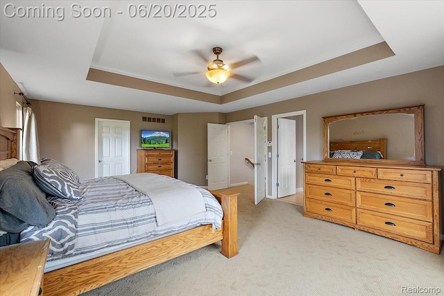 18852 Newbridge Dr, Macomb, MI 48044 - bedroom with a tray ceiling, light colored carpet, crown molding, and a ceiling fan