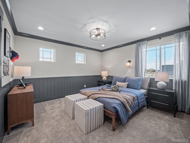 24654 Floret, Macomb, MI 48042 - carpeted bedroom with crown molding, a wainscoted wall, a chandelier, and recessed lighting