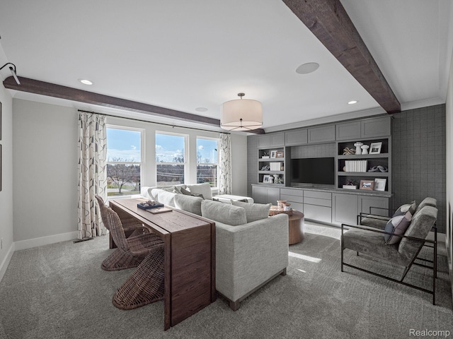 24654 Floret, Macomb, MI 48042 - carpeted living area with recessed lighting, beam ceiling, and built in shelves