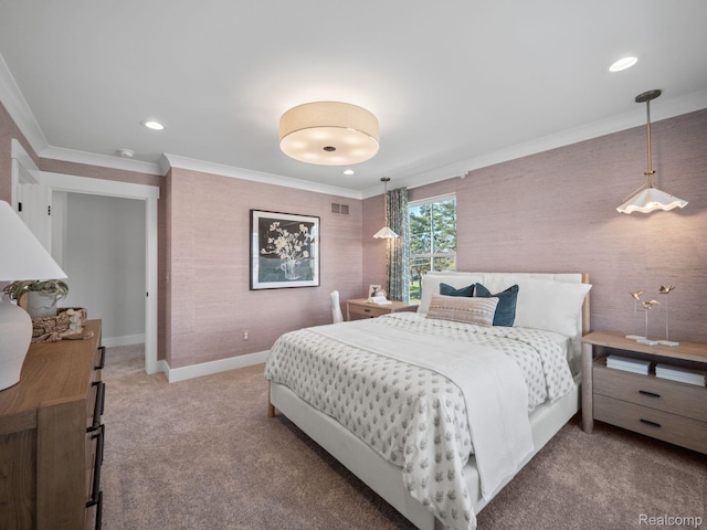 24654 Floret, Macomb, MI 48042 - carpeted bedroom with crown molding, recessed lighting, and wallpapered walls