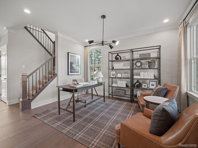 24654 Floret, Macomb, MI 48042 - home office featuring ornamental molding, dark wood finished floors, and recessed lighting
