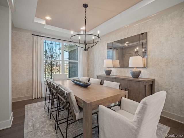 24654 Floret, Macomb, MI 48042 - dining space with a chandelier, dark wood-style flooring, a tray ceiling, and recessed lighting