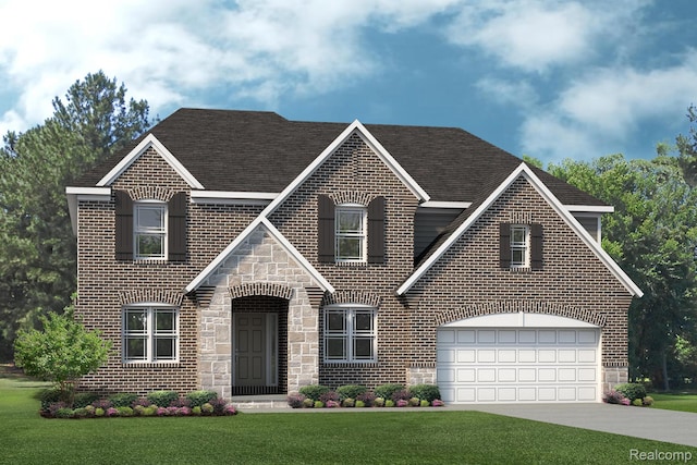 24654 Floret, Macomb, MI 48042 - view of front of home featuring brick siding, stone siding, a front lawn, and concrete driveway