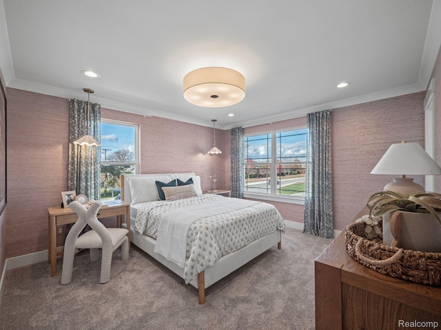 24654 Floret, Macomb, MI 48042 - bedroom featuring ornamental molding, multiple windows, recessed lighting, and light colored carpet