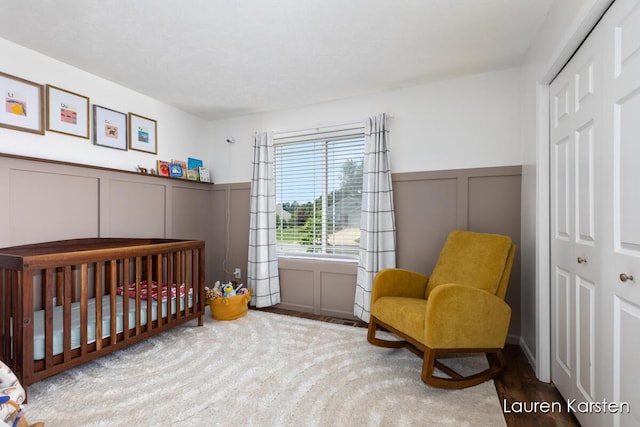 14734 Crescent Meadows Dr, Cedar Springs, MI 49319 - bedroom featuring a decorative wall, a closet, a wainscoted wall, and a nursery area