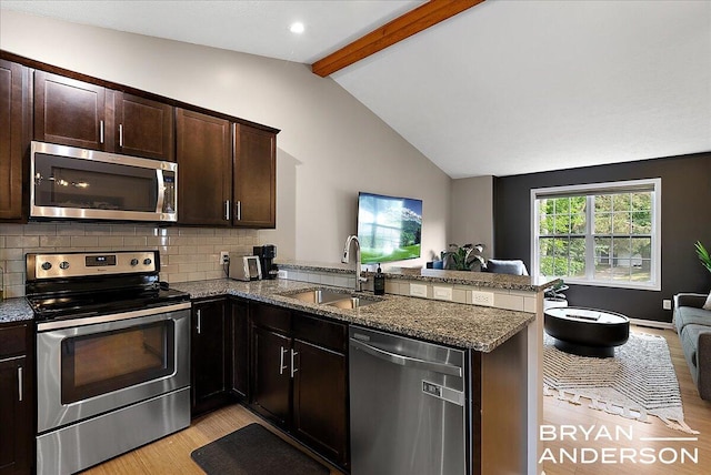 1910 Hall St SE, Grand Rapids, MI 49506 - kitchen featuring appliances with stainless steel finishes, a peninsula, light wood-style flooring, open floor plan, and dark brown cabinets