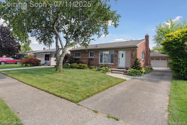 32203 Anita Dr, Westland, MI 48185 - ranch-style house featuring brick siding, a chimney, a front lawn, and a garage