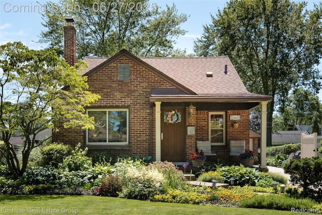 21626 Oconnor St, Saint Clair Shores, MI 48080 - tudor-style house featuring brick siding, a chimney, roof with shingles, and a front yard