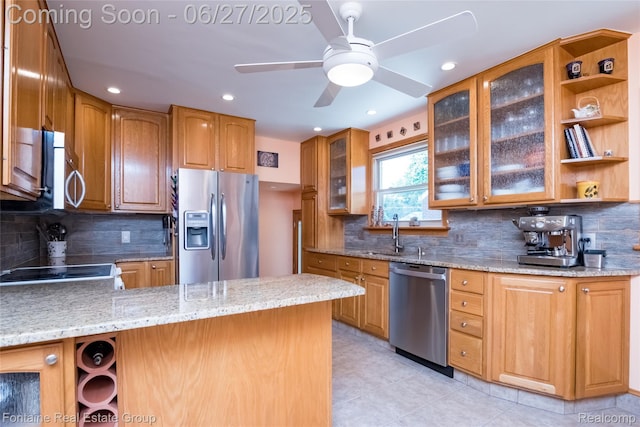 21626 Oconnor St, Saint Clair Shores, MI 48080 - kitchen featuring stainless steel appliances, open shelves, light stone countertops, tasteful backsplash, and recessed lighting