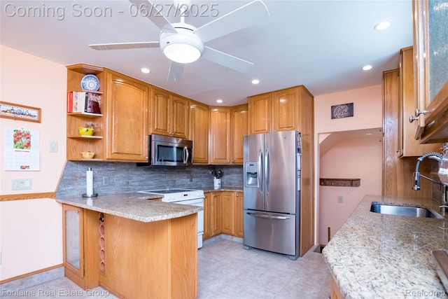 21626 Oconnor St, Saint Clair Shores, MI 48080 - kitchen featuring stainless steel appliances, a peninsula, tasteful backsplash, open shelves, and ceiling fan