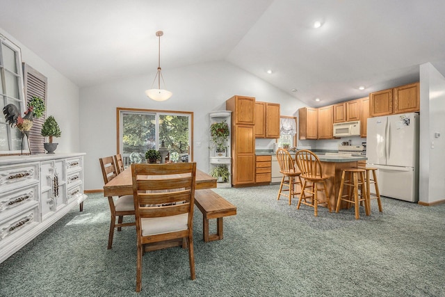 3700 Mapledge Ct NE, Cedar Springs, MI 49319 - dining room featuring light carpet, vaulted ceiling, and recessed lighting