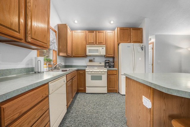 3700 Mapledge Ct NE, Cedar Springs, MI 49319 - kitchen with white appliances, brown cabinets, recessed lighting, and light countertops
