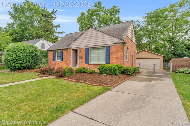 1717 Penistone St, Lake Orion, MI 48009 - bungalow featuring brick siding, a gate, an outbuilding, a garage, and roof with shingles