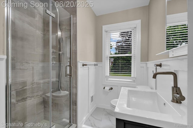 1717 Penistone St, Lake Orion, MI 48009 - full bath with marble look tile flooring, a stall shower, vanity, plenty of natural light, and a wainscoted wall