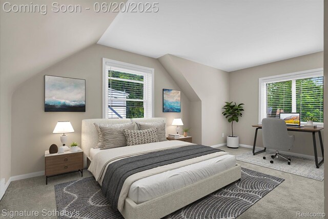 1717 Penistone St, Lake Orion, MI 48009 - bedroom with carpet, multiple windows, vaulted ceiling, and an office area