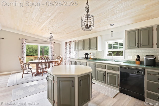 6275 Caine Rd, Vassar, MI 48768 - kitchen with black dishwasher, wood ceiling, gray cabinetry, light wood-style floors, and healthy amount of natural light