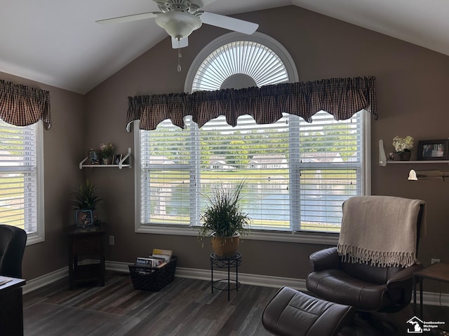 2118 Fountain Cir, Lambertville, MI 48144 - sitting room featuring plenty of natural light, vaulted ceiling, a ceiling fan, and dark wood-style flooring