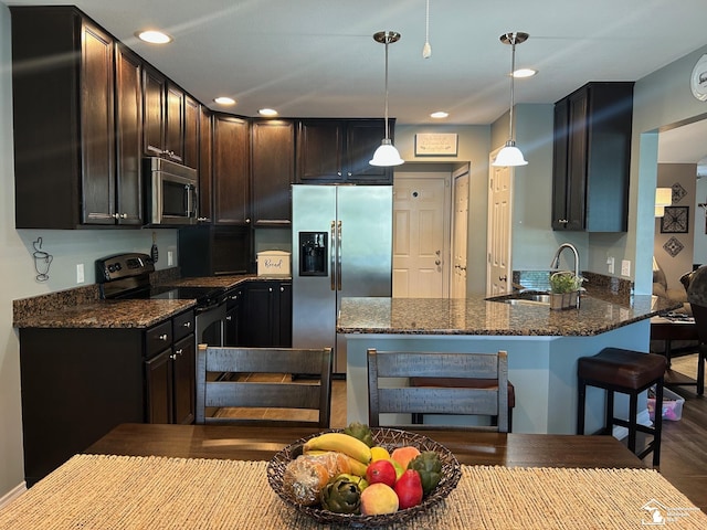 2118 Fountain Cir, Lambertville, MI 48144 - kitchen with appliances with stainless steel finishes, a peninsula, dark brown cabinetry, dark stone countertops, and dark wood-type flooring