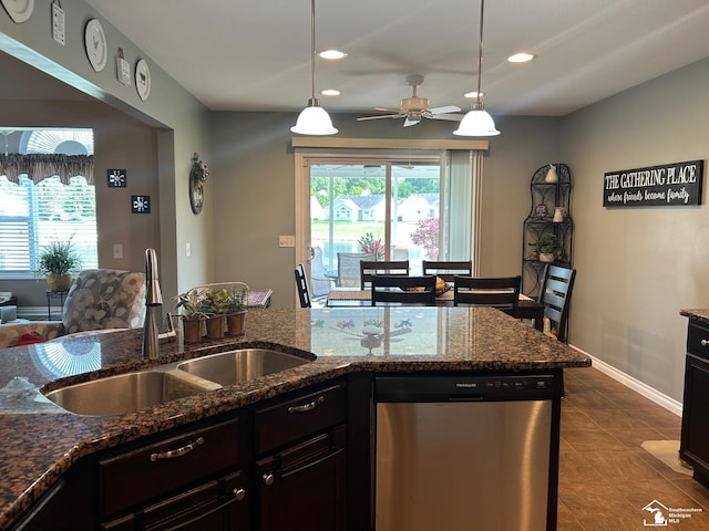 2118 Fountain Cir, Lambertville, MI 48144 - kitchen with dishwasher, healthy amount of natural light, open floor plan, ceiling fan, and recessed lighting
