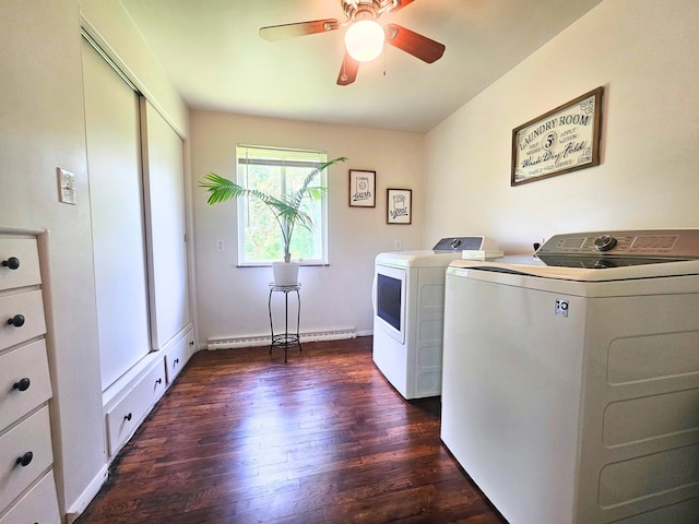 5365 Flushing Rd, Flushing, MI 48433 - washroom featuring separate washer and dryer, dark wood-type flooring, a ceiling fan, and a baseboard heating unit