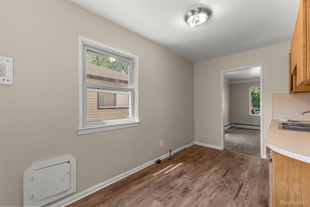 4933 Ziegler St, Dearborn Heights, MI 48125 - unfurnished dining area featuring dark wood-type flooring and a baseboard radiator